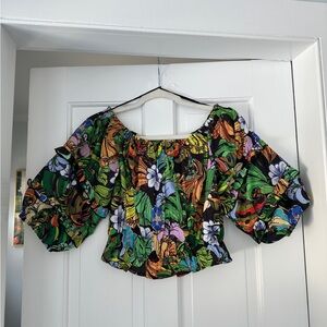 Rachel Zoe Floral Tropical Multicolor Puff Sleeve Cropped Blouse in Size Small
